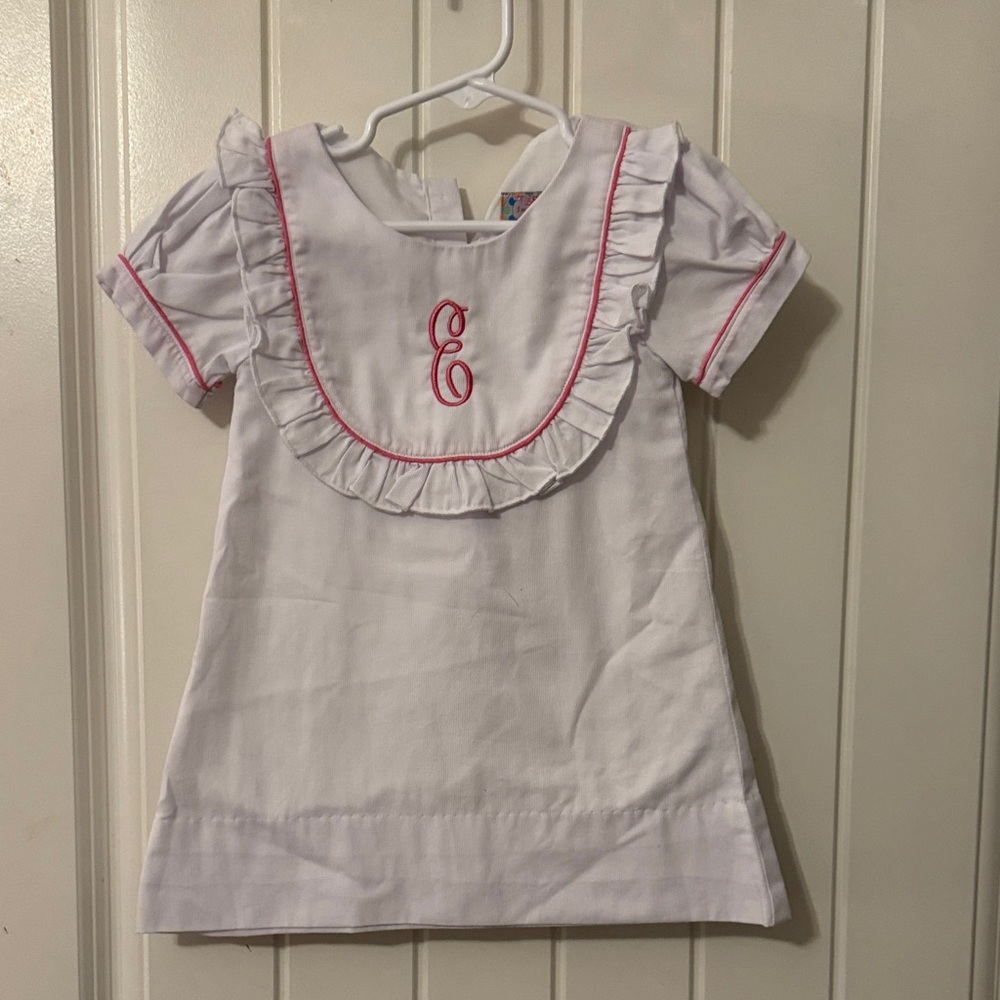 White Dress with Pink Embroidery smocked initial E